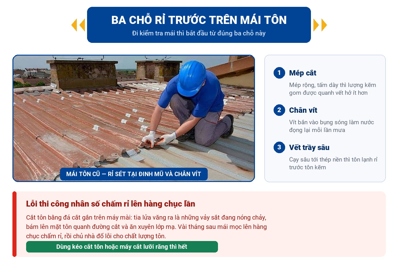 Mái tôn cũ rỉ sét tại đinh mũ và chân vít, ba chỗ rỉ trước là mép cắt, chân vít và vết trầy sâu
