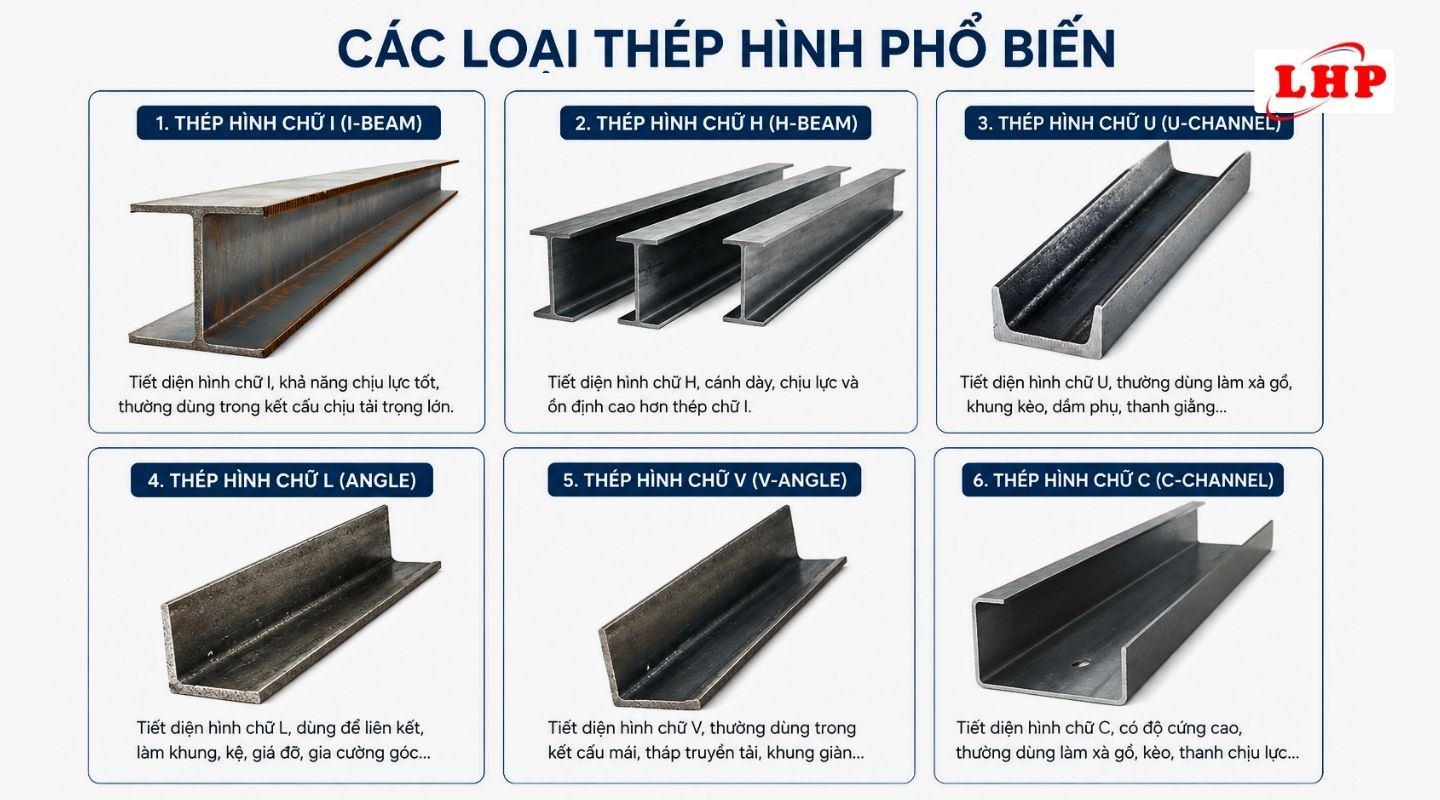 Tổng hợp các loại thép hình chữ H, I, U, V được sử dụng rộng rãi trong kết cấu xây dựng.