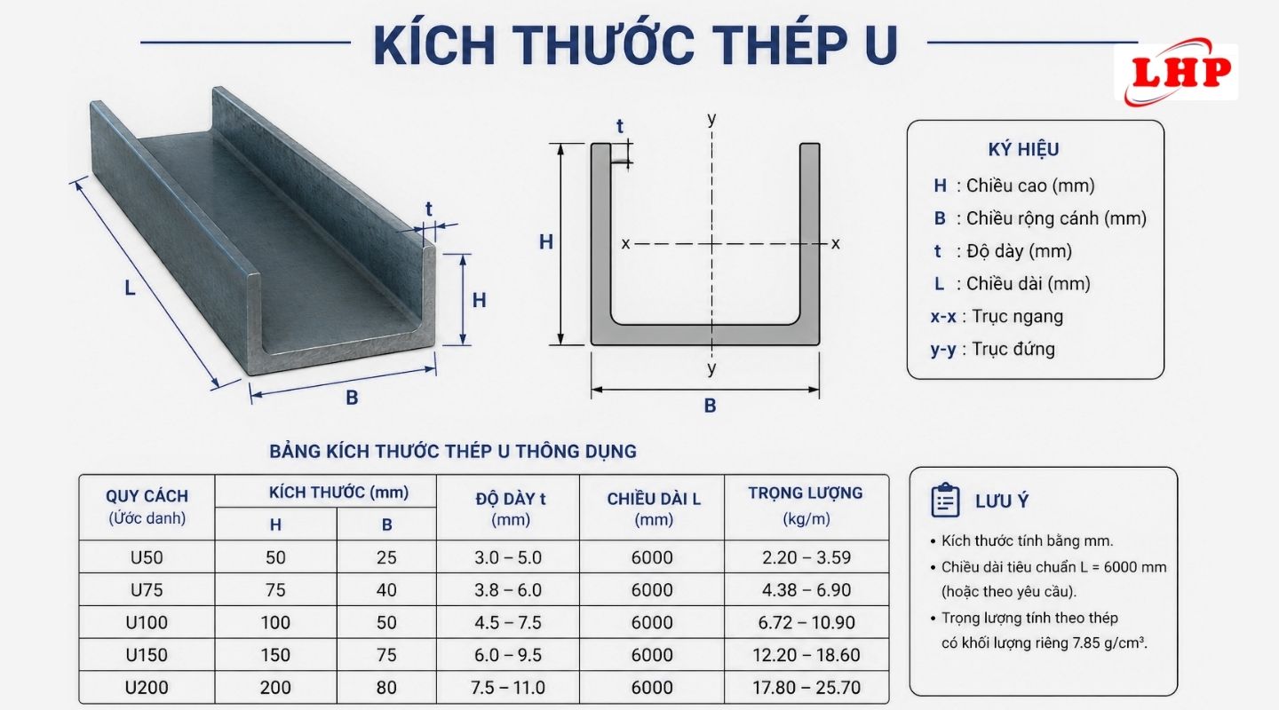 Thép hình U đúc đa dạng kích cỡ sẵn sàng vận chuyển tại kho Sắt Thép Lộc Hiếu Phát