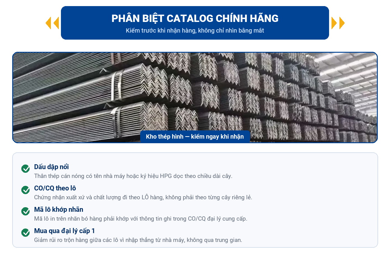 Phân biệt catalog thép Hòa Phát chính hãng: dấu dập nổi, CO/CQ theo lô, mã lô khớp nhãn