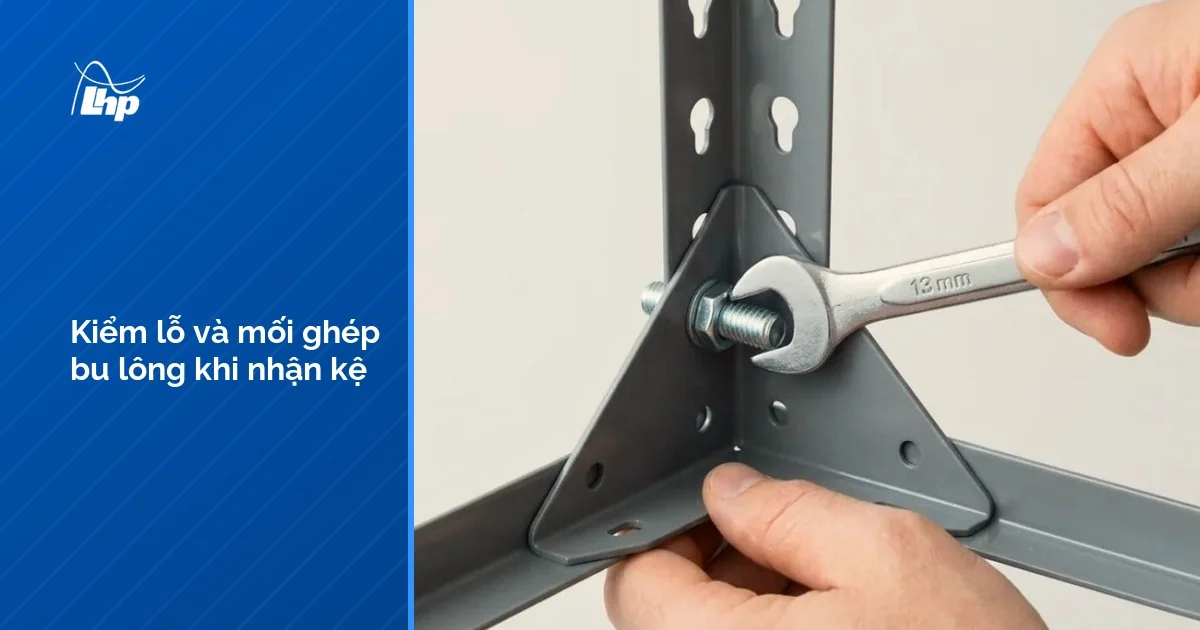 Tay dùng cờ-lê siết bu lông ở mối nối góc khung kệ sắt lắp ghép để kiểm độ chắc của mối ghép