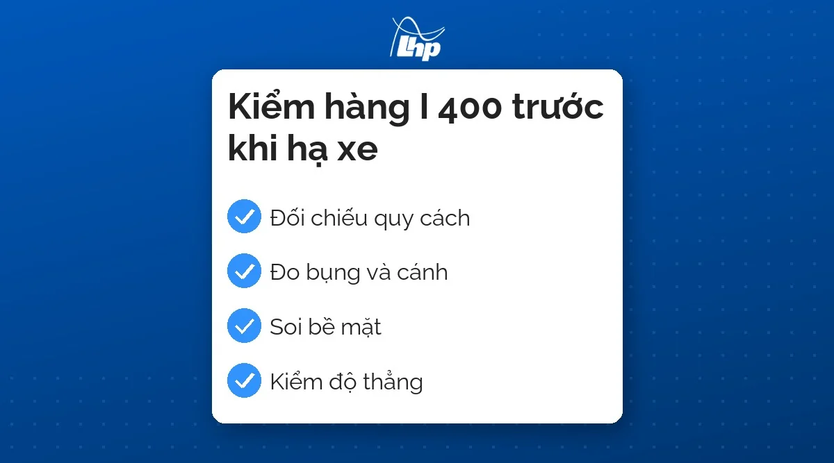 Thẻ danh sách bốn việc kiểm khi nhận thép hình I 400: đối chiếu quy cách, đo bụng và cánh, soi bề mặt, kiểm độ thẳng