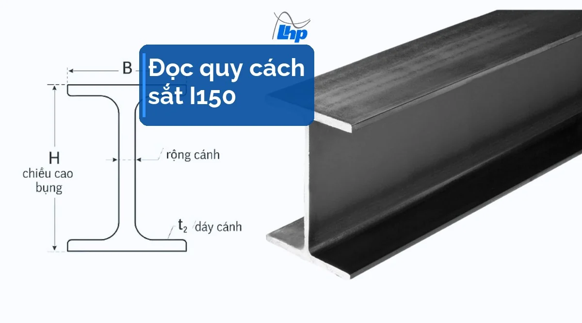 Mặt cắt thép hình chữ I ghi chiều cao bụng H, bề rộng B và dày cánh, đặt cạnh thanh sắt chữ I