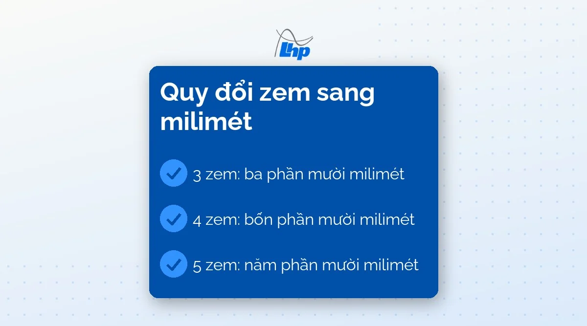 Thẻ quy đổi zem sang milimét: 3 zem, 4 zem, 5 zem lần lượt dày ba, bốn, năm phần mười milimét