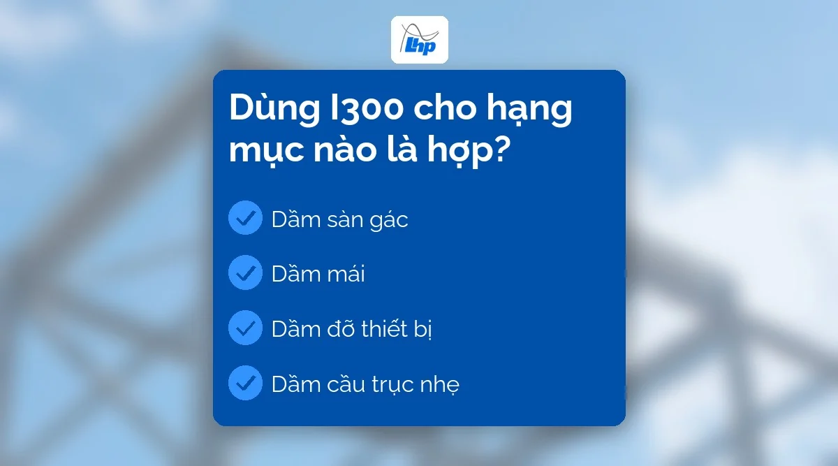 Sơ đồ bốn hạng mục dùng dầm I300: dầm sàn gác, dầm mái, dầm đỡ thiết bị, dầm cầu trục nhẹ