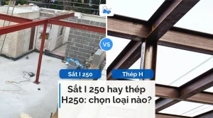 So sánh sắt I 250 và thép H: dầm chữ I đỏ gác trên khung công trình, đối diện khung dầm thép dưới bầu trời