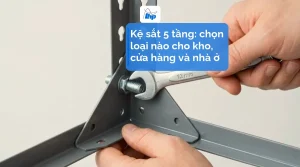 Tay siết bu lông bằng cờ-lê tại mối nối khung kệ sắt góc V lắp ráp, bên cạnh tiêu đề bài kệ sắt 5 tầng