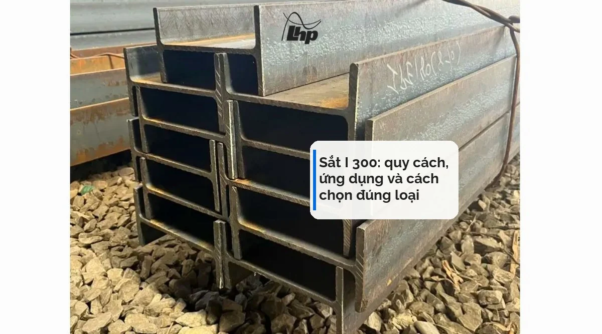 Bó thép hình chữ I xếp trong kho, thấy rõ mặt cắt chữ I