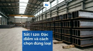 Kho thép với các bó thép hình chữ I xếp chồng, ảnh minh hoạ do AI tạo cho bài sắt I 120